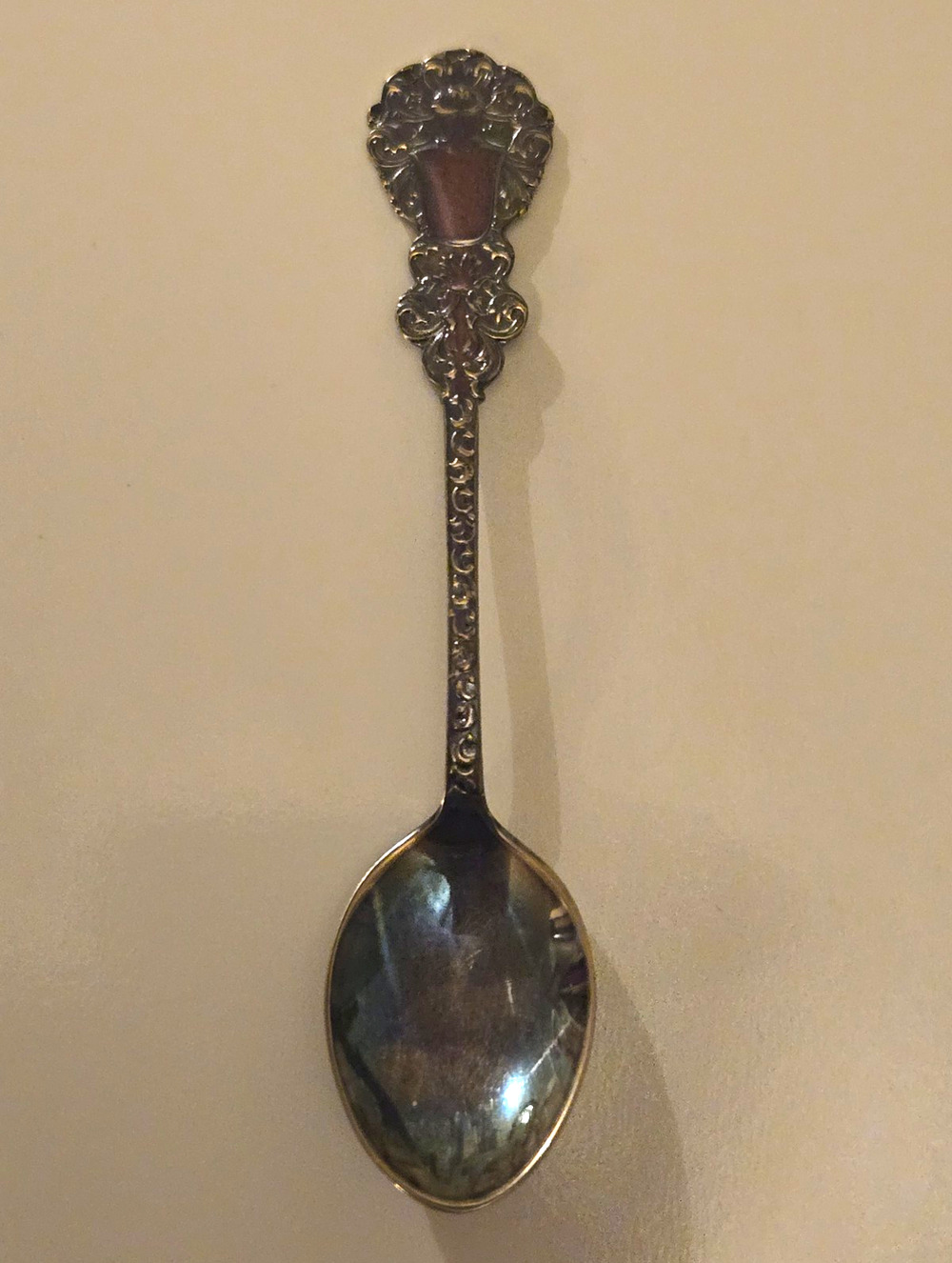 Ornate Swedish Miniature Spoon Made in Sweden Floral Scroll Handle Silver Tone